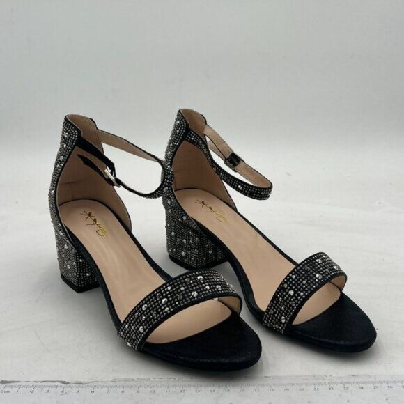 XYD Women Open Toe Studded Rhinestone Low Block Heel Bejeweled Sandal Pumps - Picture 4 of 8